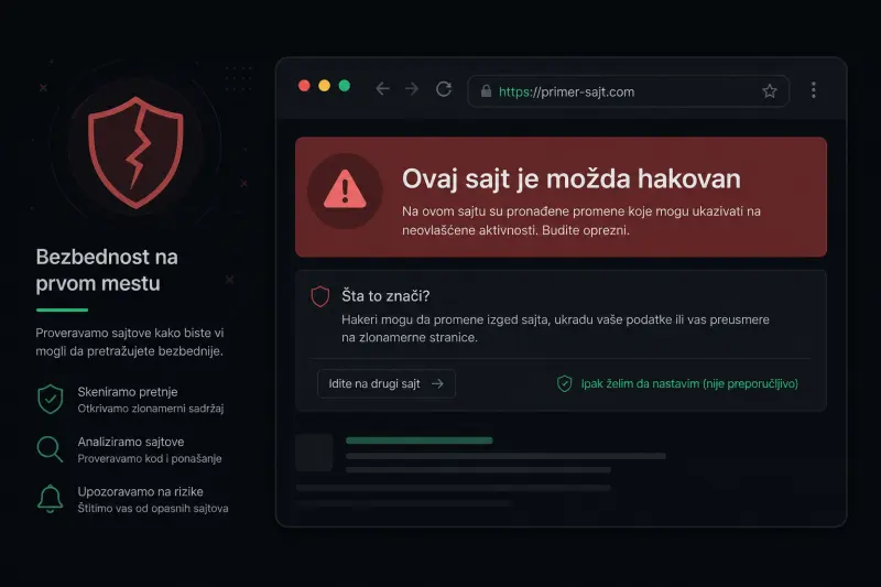 Upozorenje u pretrazi da je ovo hakovan sajt